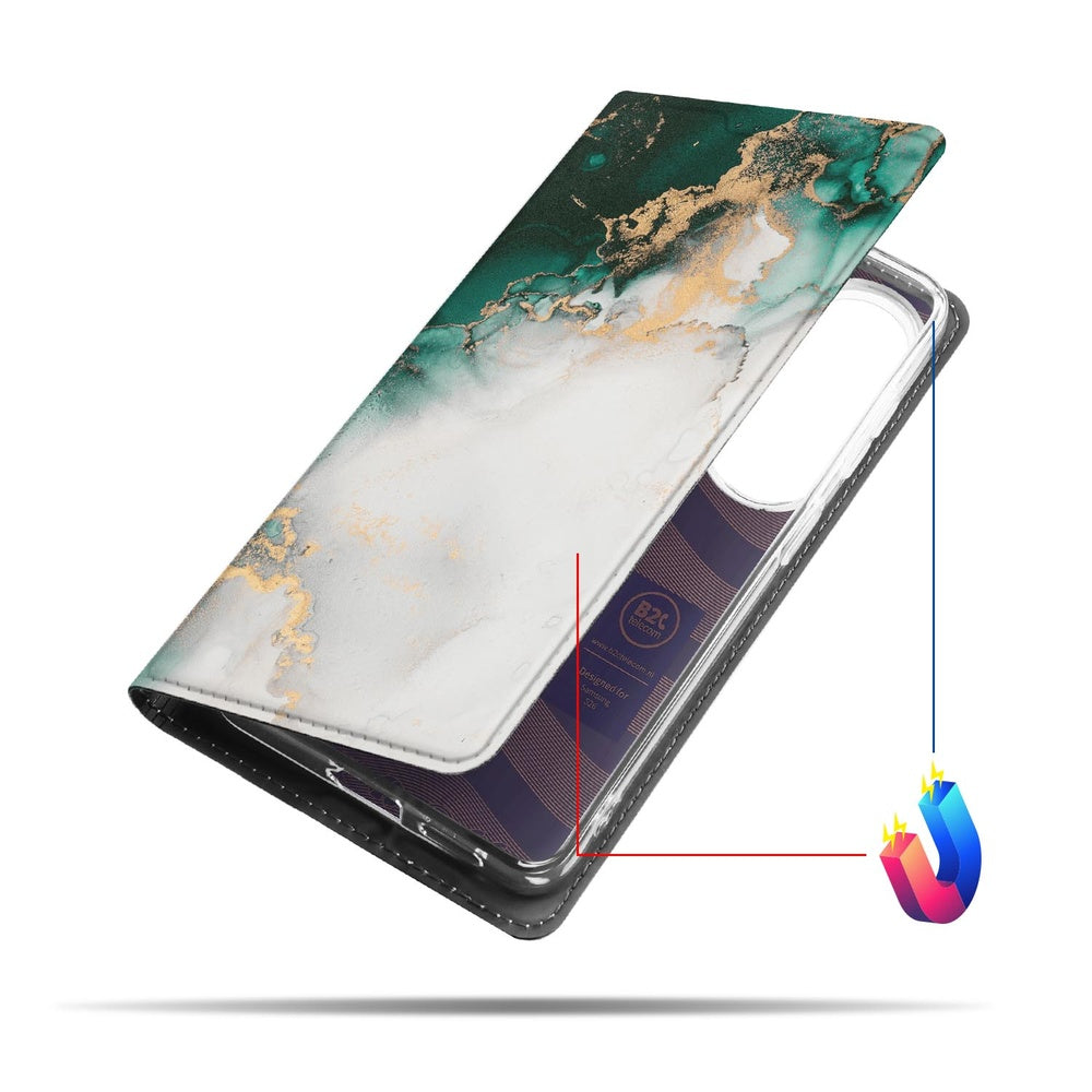 Samsung Galaxy S26 Book Cover Marmer Groen Standcase Vooraanzicht.