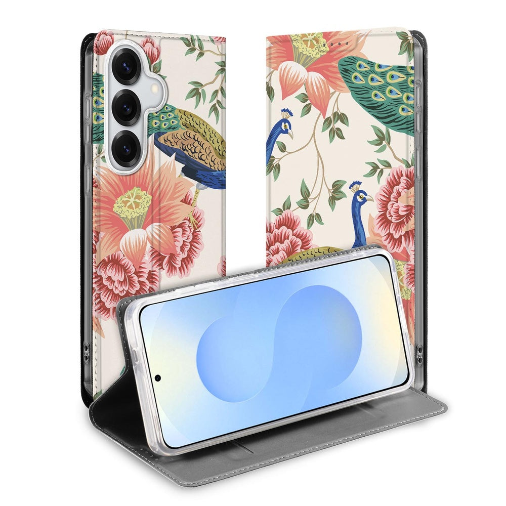 Samsung Galaxy S26 Book Cover Pink Peacock Vooraanzicht.