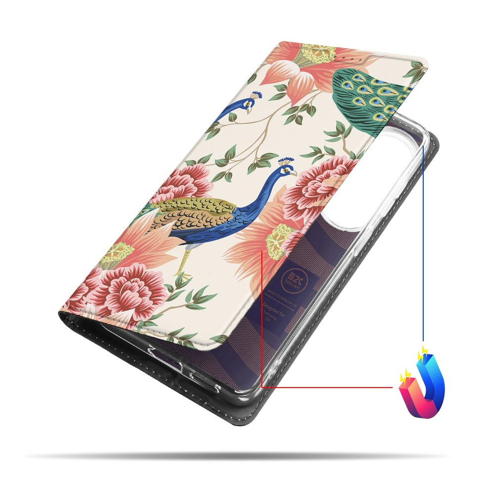 Samsung Galaxy S26 Book Cover Pink Peacock Vooraanzicht.