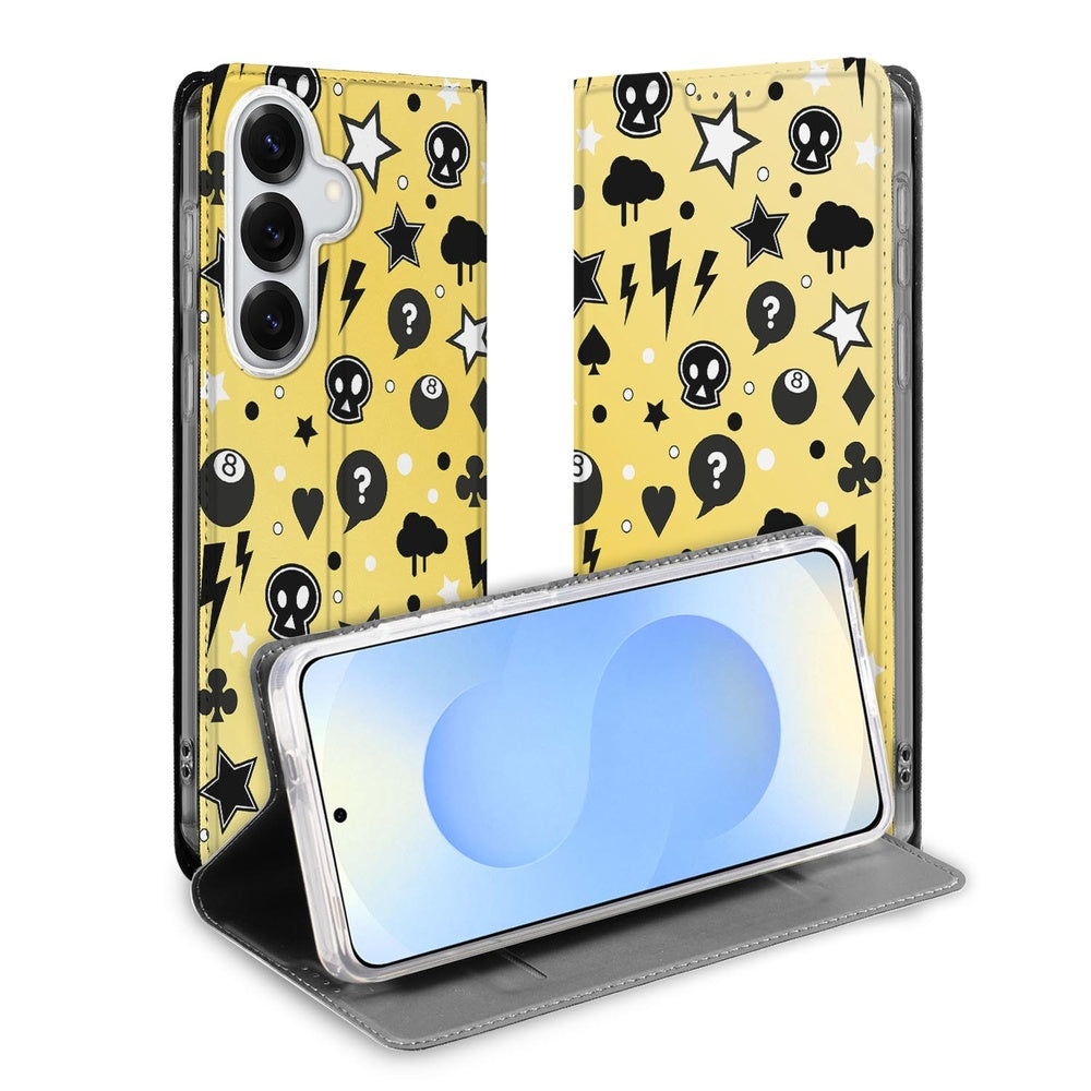 Samsung Galaxy S26 Book Cover Punk Yellow Vooraanzicht met uniek design van symbolen en vragenstukken.