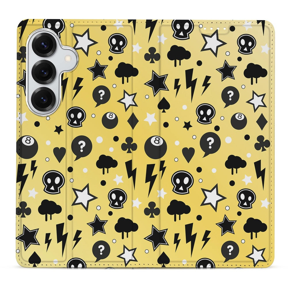 Samsung Galaxy S26 Book Cover Punk Yellow Vooraanzicht met sterren, doodskoppen en bliksemschichten.