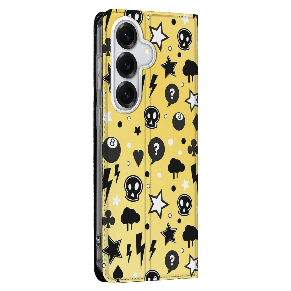 Samsung Galaxy S26 Book Cover Punk Yellow Vooraanzicht met opvallende patronen.