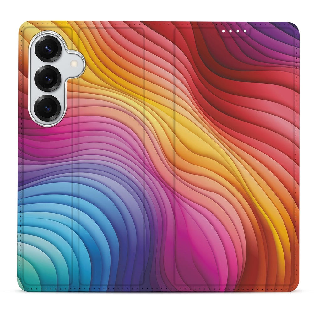 Samsung Galaxy S26 Bookcase Regenboog design kleurrijke golfjes vooraanzicht.