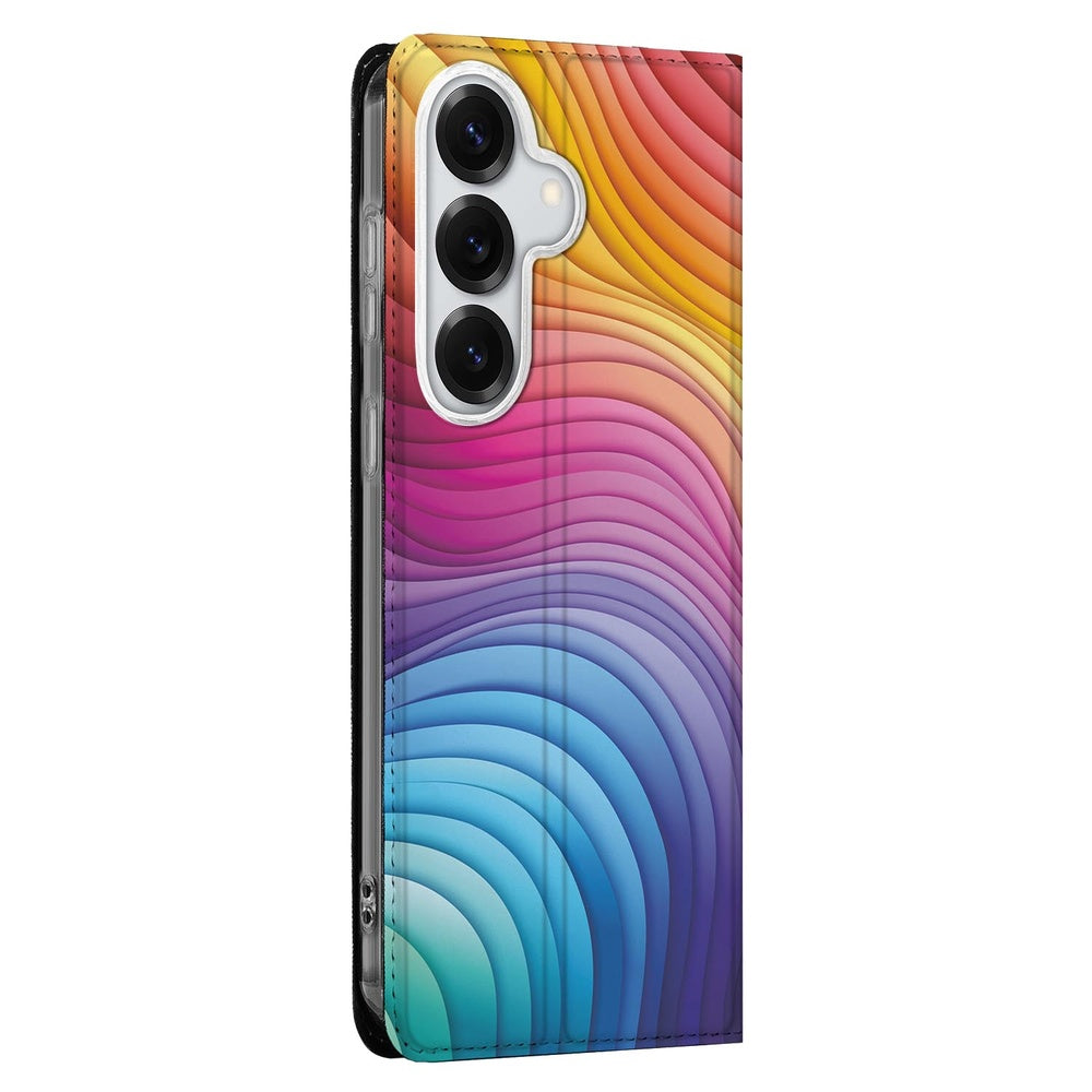 Samsung Galaxy S26 Bookcase Regenboog Stand Case met golvende lijnen Vooraanzicht.