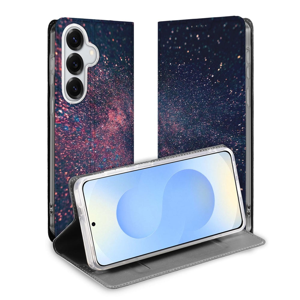 Samsung Galaxy S26 Book Case Stars paars blauw ontwerp vooraanzicht.