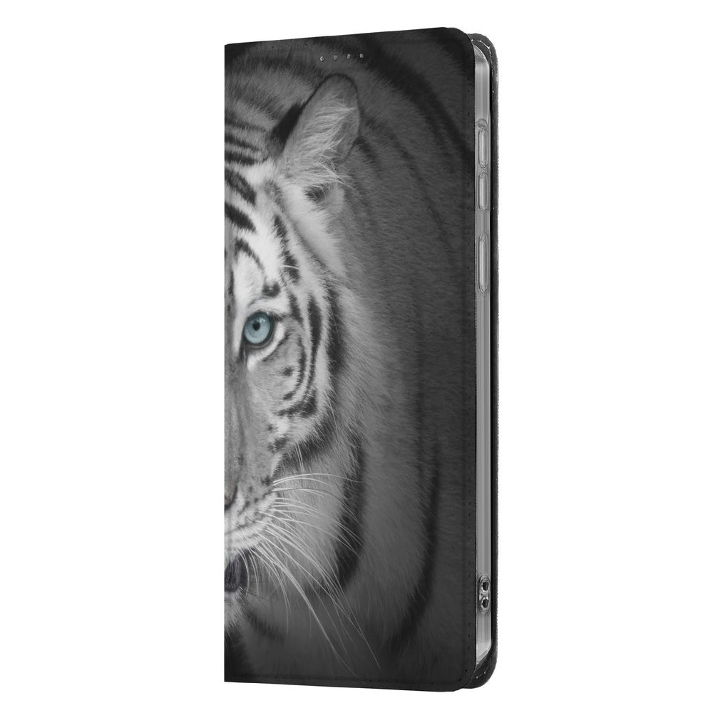Samsung Galaxy S26 Bookcase Tijger zijaanzicht met witte tijgerprint.