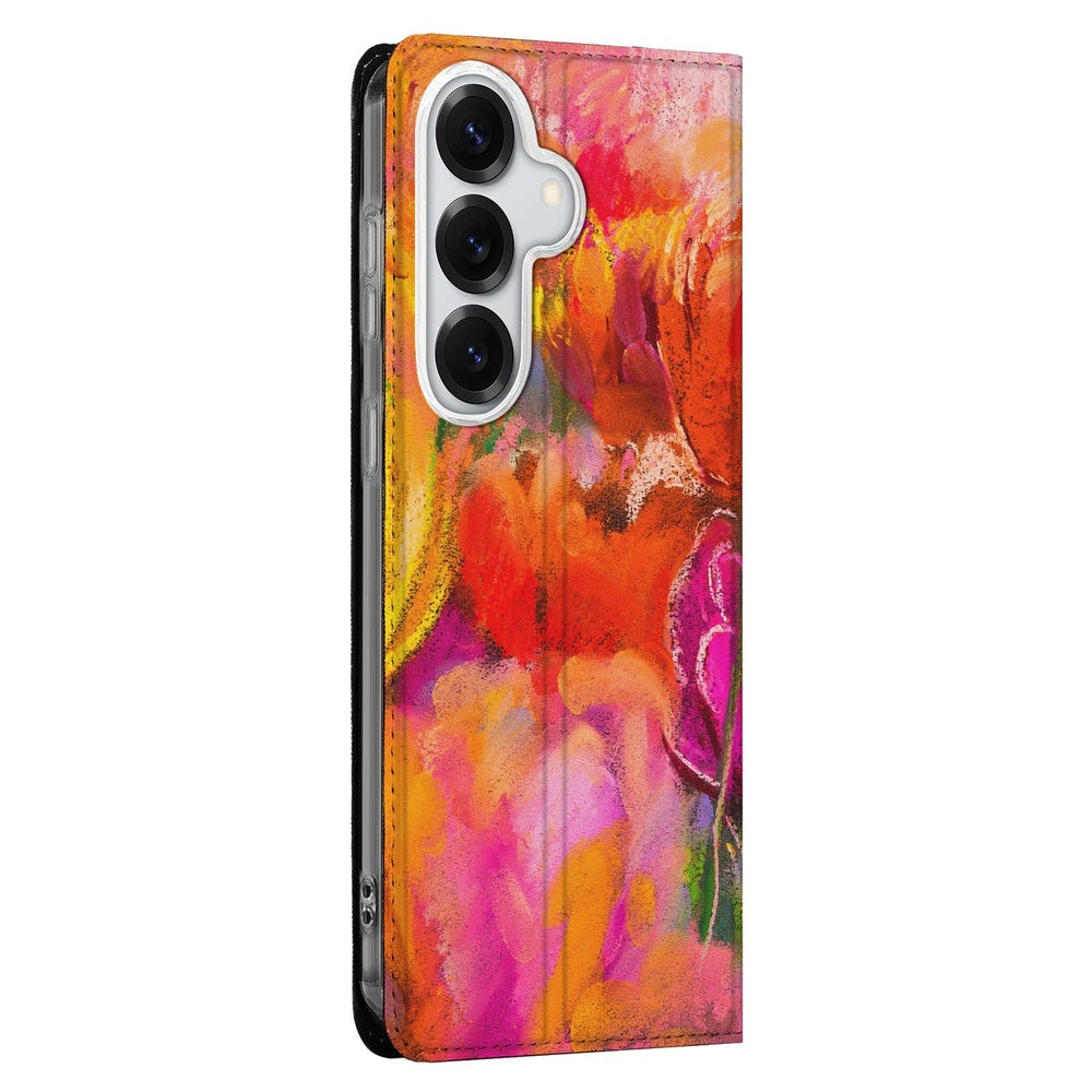 Samsung Galaxy S26 Bookcase Hoesje Tulips kleurrijk watercolor patroon zijkant.
