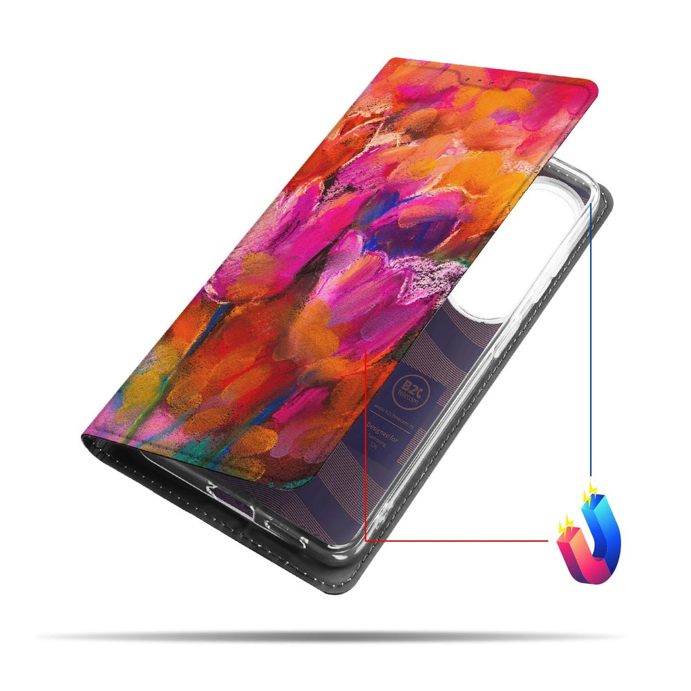 Samsung Galaxy S26 Bookcase Hoesje Tulips watercolor design zijkant.