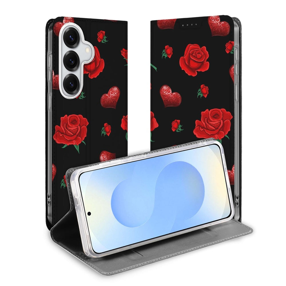 Samsung Galaxy S26 Bookcase Valentine Rode rozen liefdeshartjes Vooraanzicht.