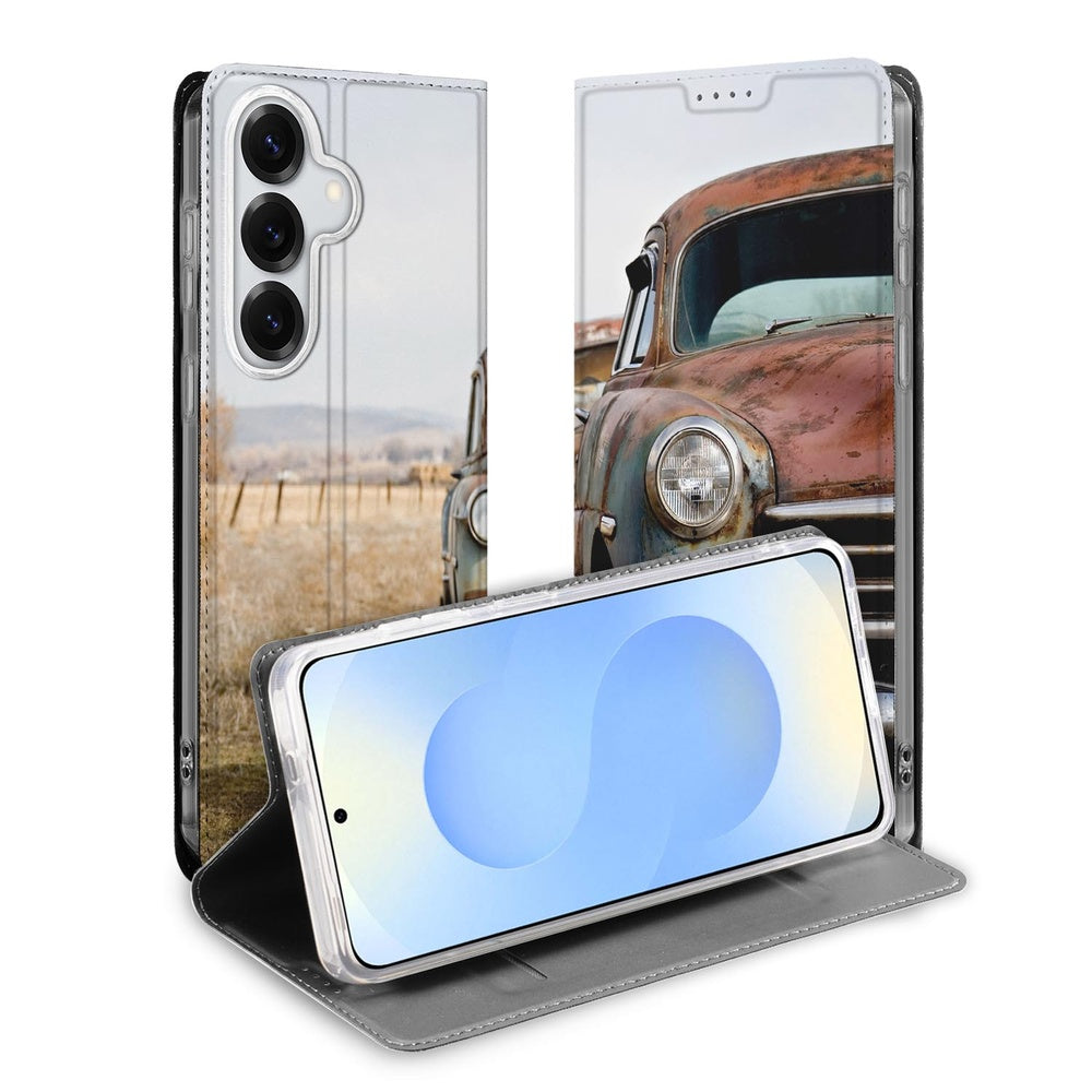 Samsung Galaxy S26 Book Case Vintage Auto retro auto design vooraanzicht.
