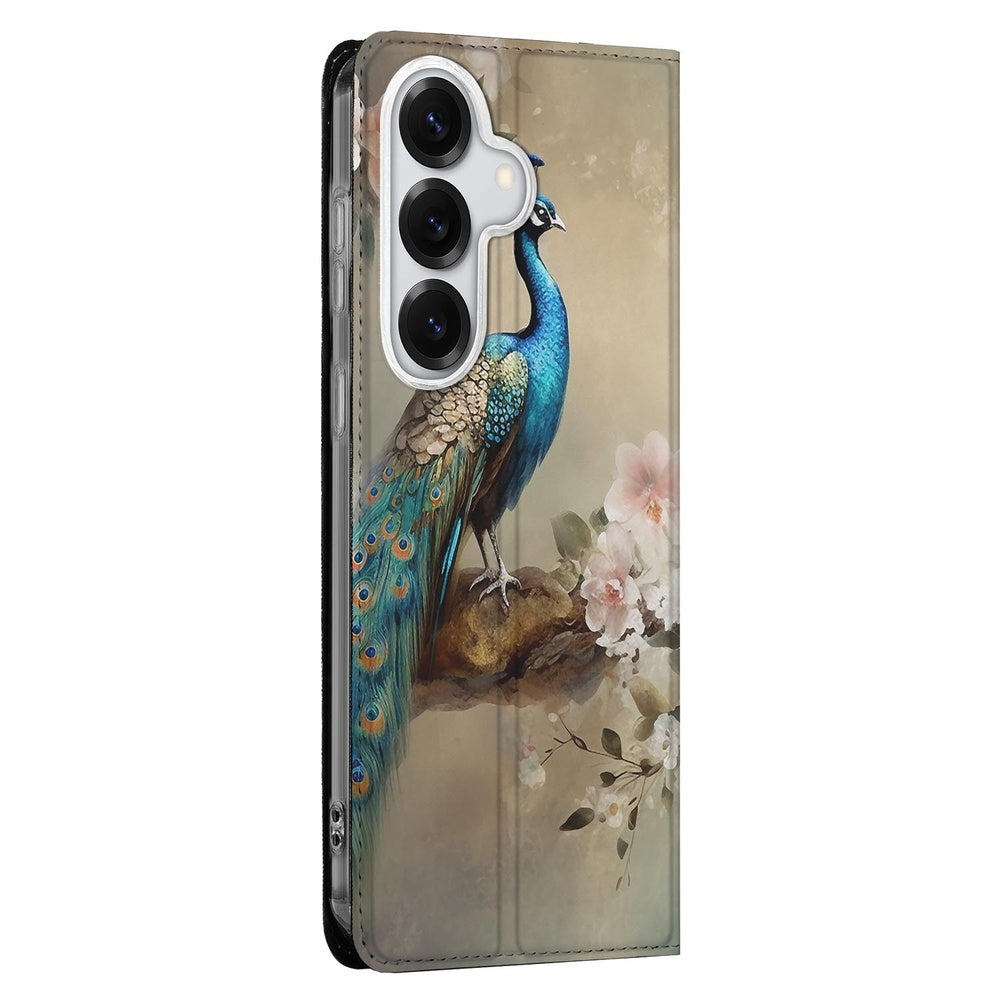 Samsung Galaxy S26 Bookcase Vintage Pauwen voorkant met pauw en bloemen design.