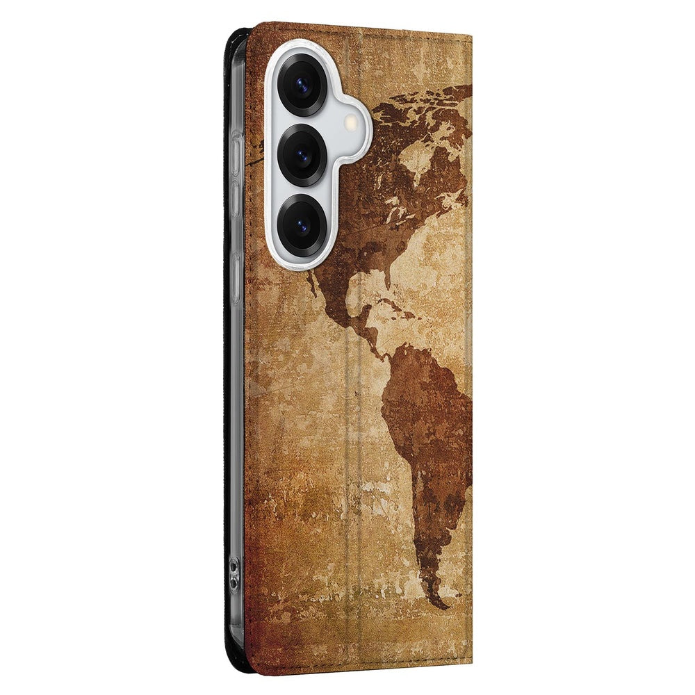 Samsung Galaxy S26 Bookcase Hoesje Wereldkaart vintage wereldkaart print aanzicht.