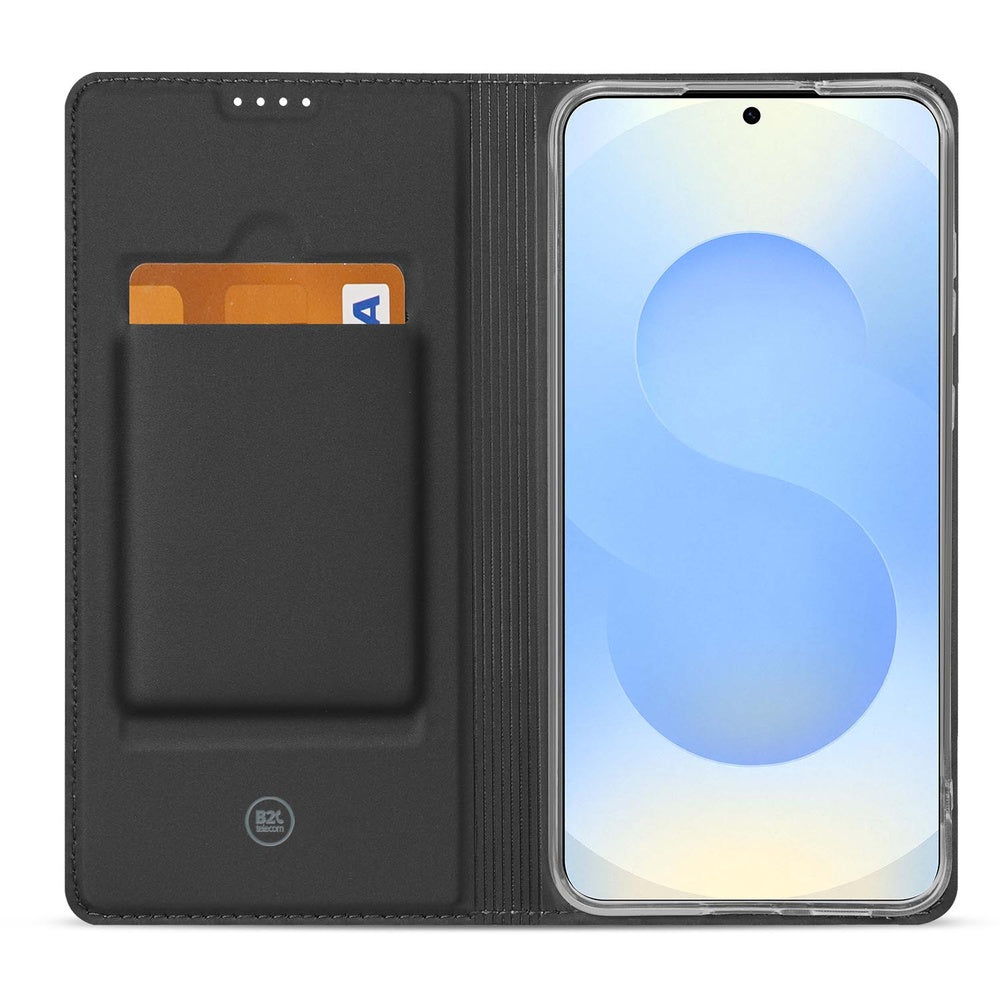 Samsung Galaxy S26 Flip Style Cover Wood Blue vooraanzicht met vak voor pas en scherm.