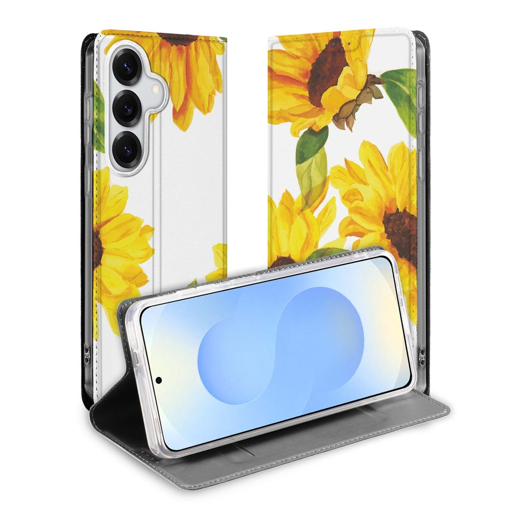 Samsung Galaxy S26 Book Case Zonnebloemen zijkant vooraanzicht met zonnebloemenprint.