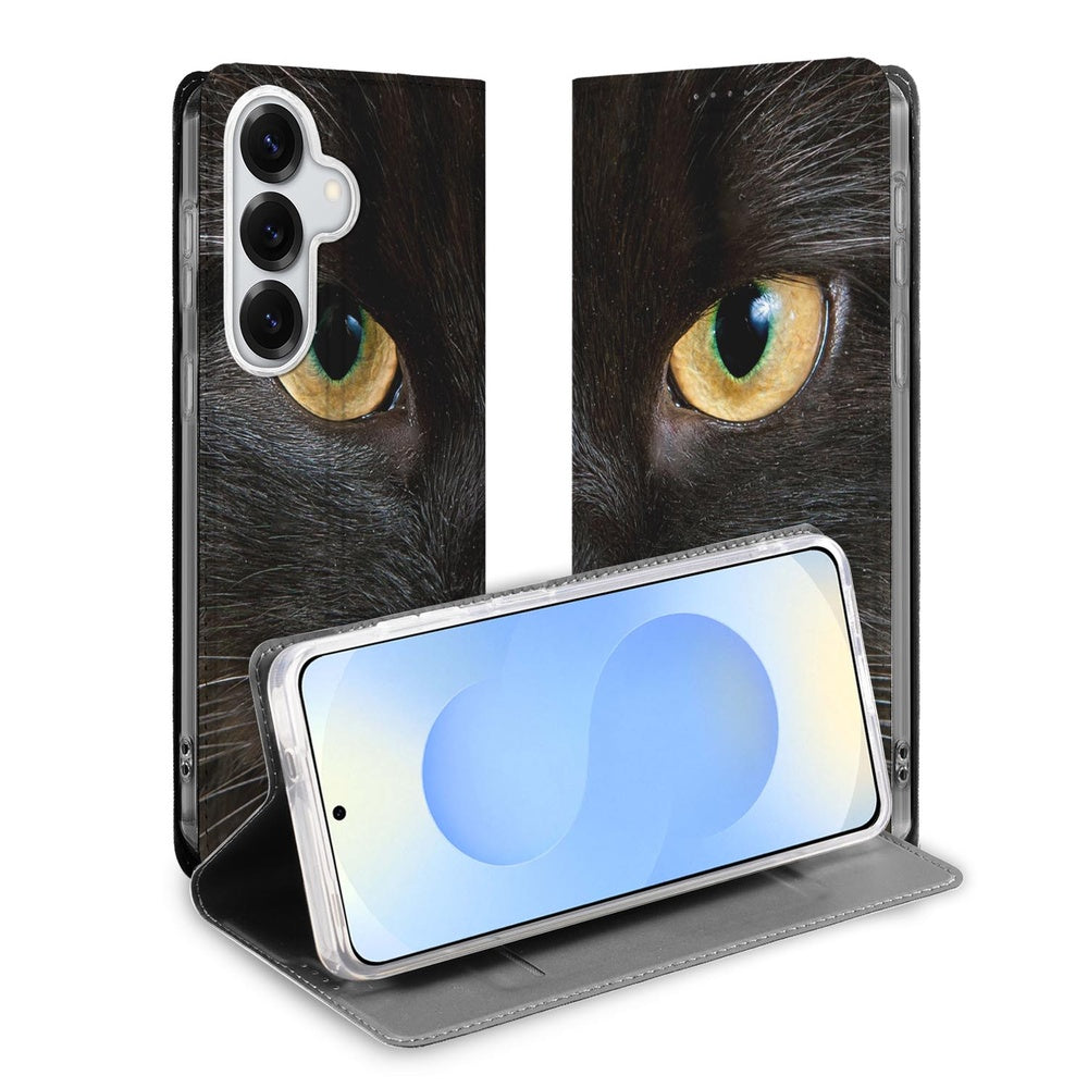 Samsung Galaxy S26 Book Case Zwarte Kat boek hoes met zwart kattenoog design vooraanzicht.