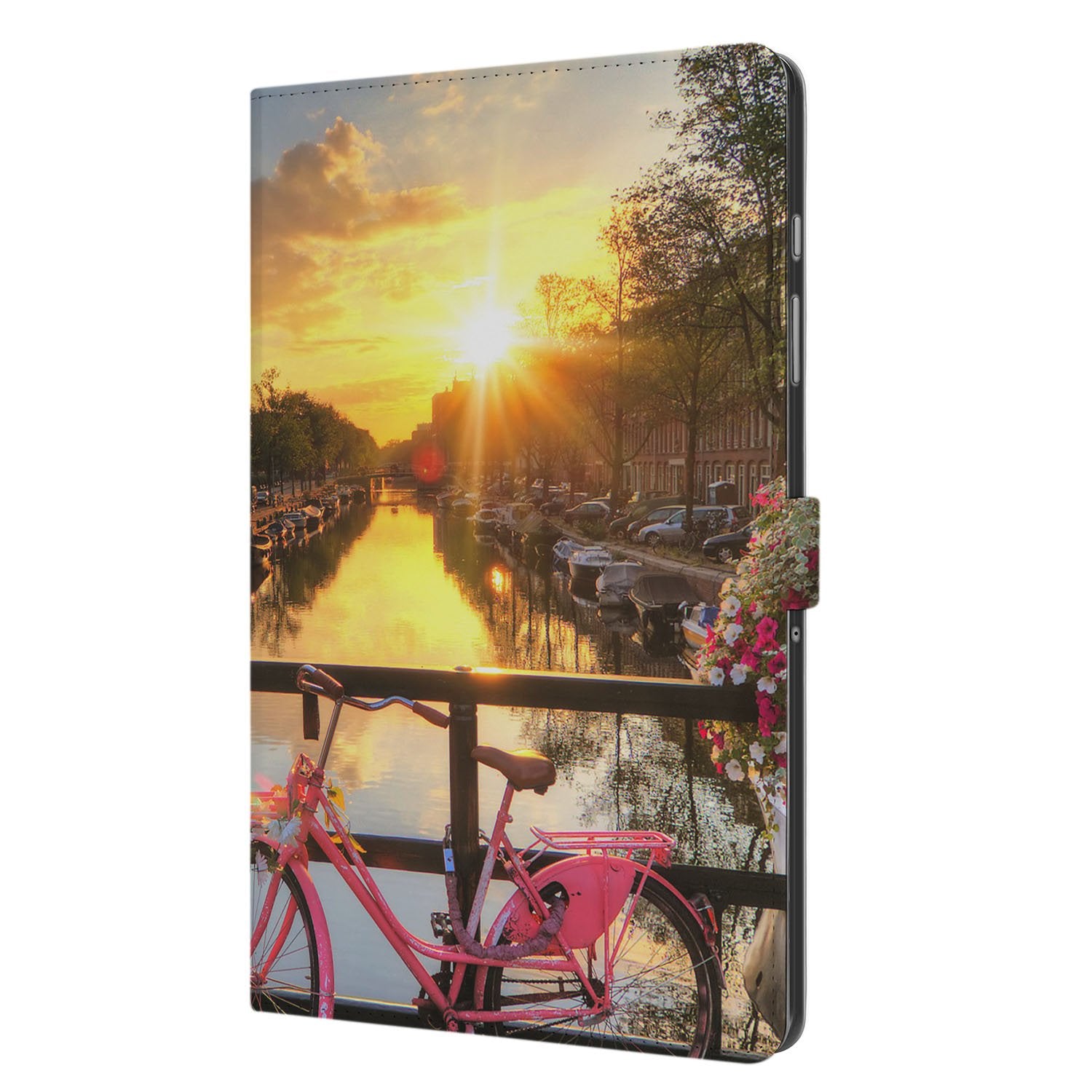 Samsung Galaxy Tab A11 Plus Book Case Hoesje met Standaard Amsterdamse Grachten voorzijde met fiets en zonsondergang