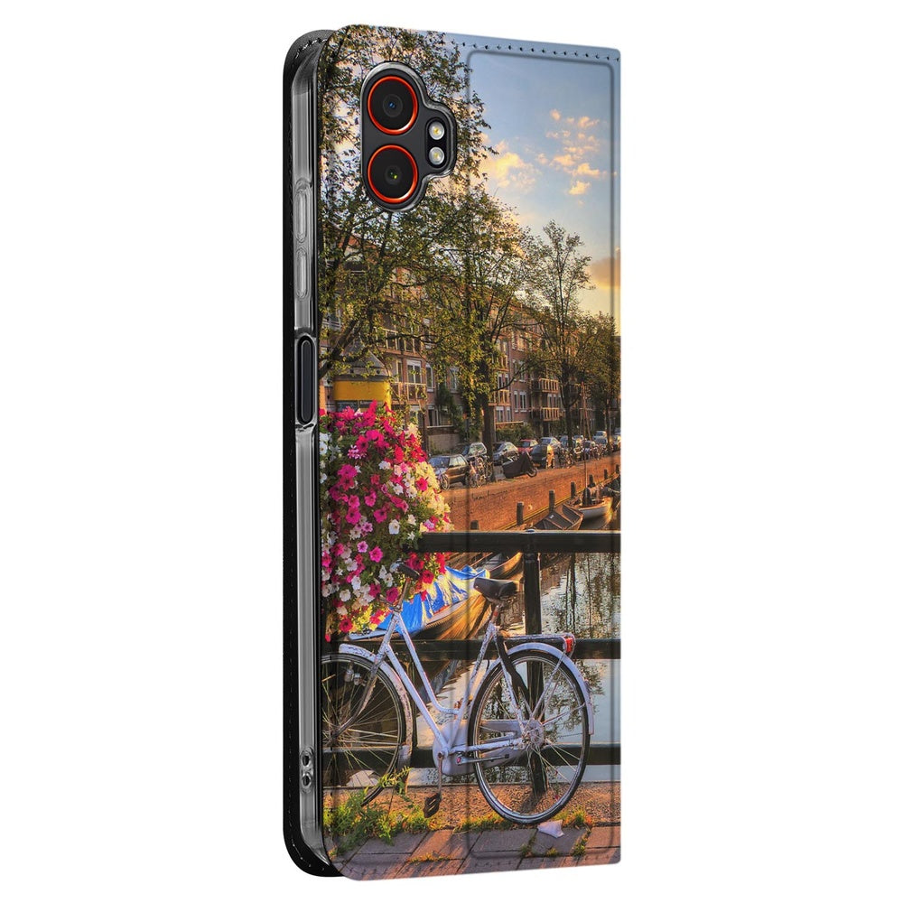 Samsung Galaxy Xcover 7 Pro Book Case Amsterdamse Grachten design Amsterdam grachten fiets en bloemen