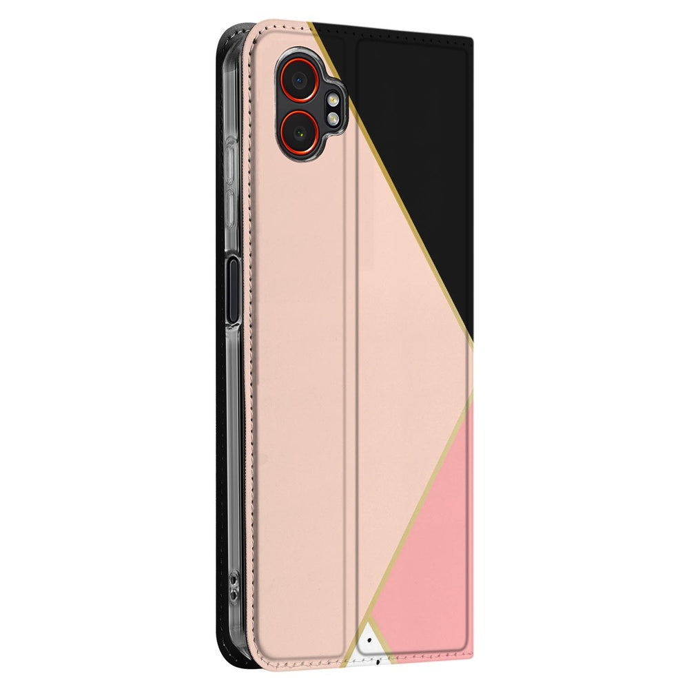 Samsung Galaxy Xcover 7 Pro Book Case Black Pink Shapes boek case zwart roze vlakken aanzicht