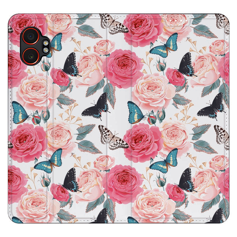 Samsung Galaxy Xcover 7 Pro Flip Style Cover Butterfly Roses bloemmotief rozen vlinders aanzicht