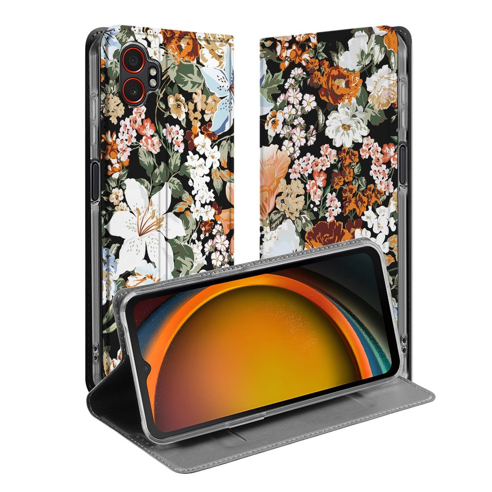 Samsung Galaxy Xcover 7 Pro Smart Cover Hoesje Dark Flowers design bloemig voorkant achterkant
