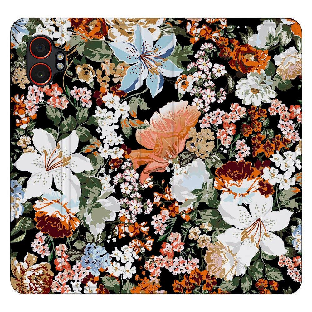 Samsung Galaxy Xcover 7 Pro Smart Cover Hoesje Dark Flowers bloemen patroon bovenaanzicht