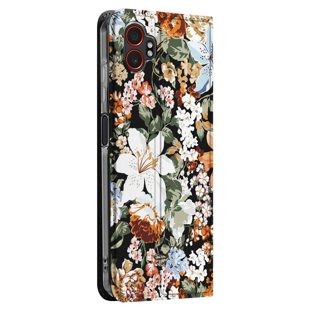 Samsung Galaxy Xcover 7 Pro Smart Cover Hoesje Dark Flowers bloemen design achterkant