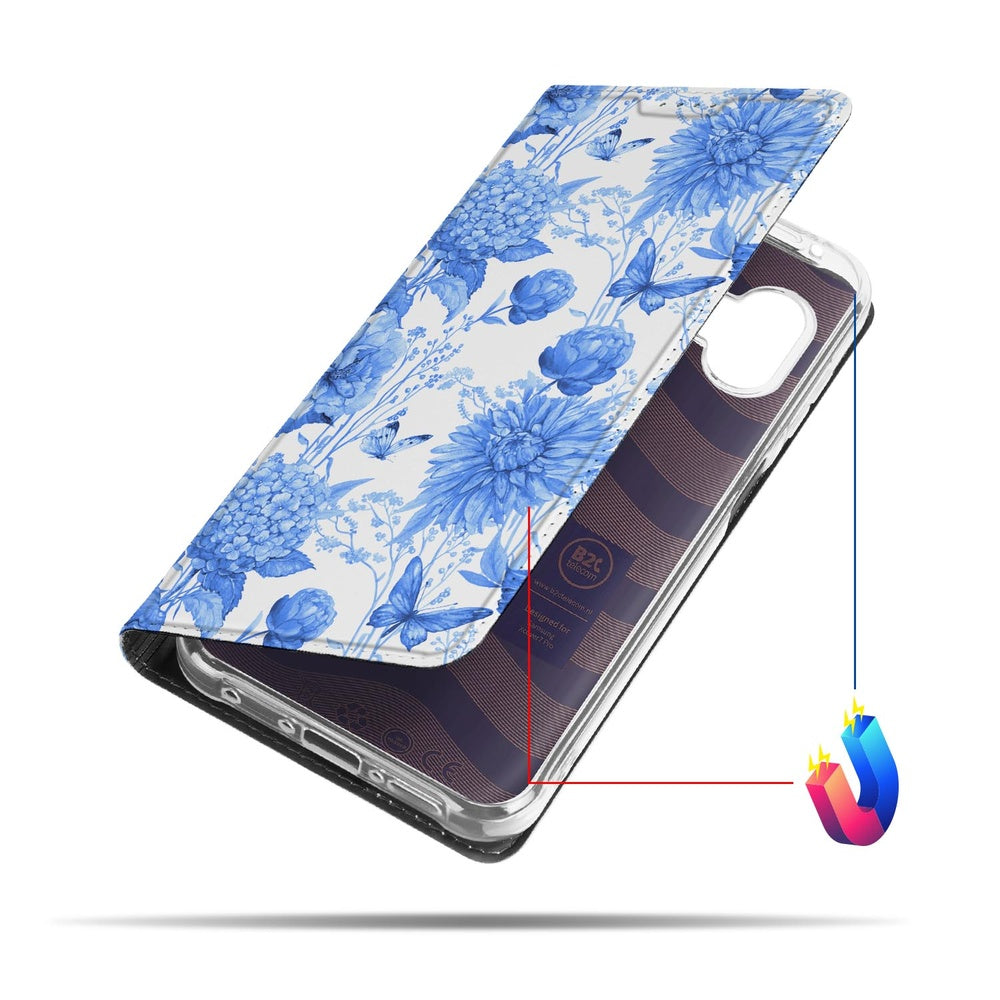Samsung Galaxy Xcover 7 Pro Book Case Flowers Blue boekhoes bloemen blauw aanzicht
