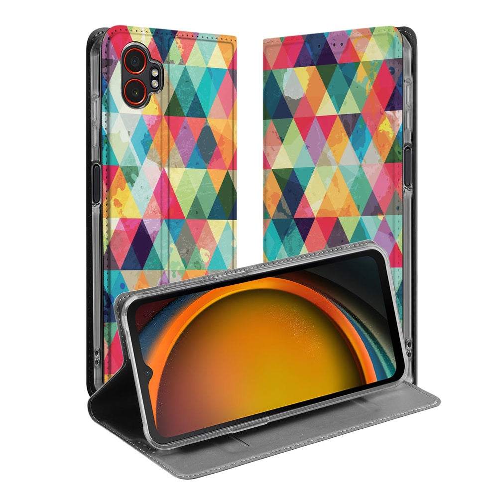 Bookcase Samsung Galaxy Xcover 7 Pro Geruit design kleurrijk ruitjespatroon aanzicht