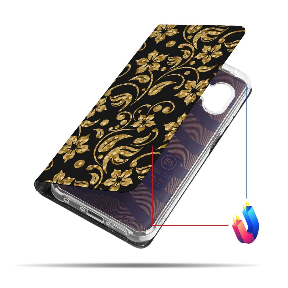 Samsung Galaxy Xcover 7 Pro Book Wallet Case Gouden Bloemen zijaanzicht design