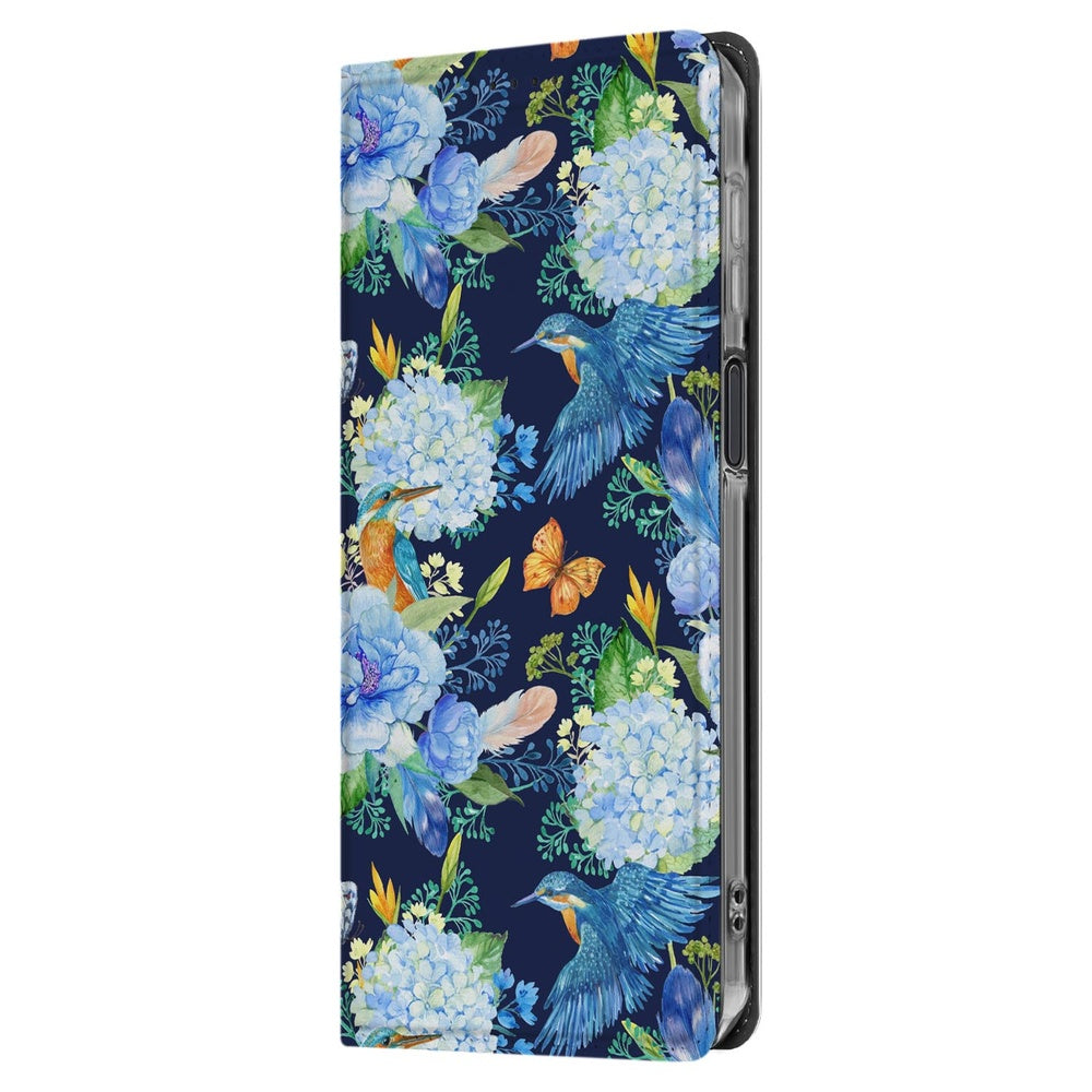 Flip Style Cover Samsung Galaxy Xcover 7 Pro IJsvogel bloemen ijsvogelprint donkerblauwe achtergrond