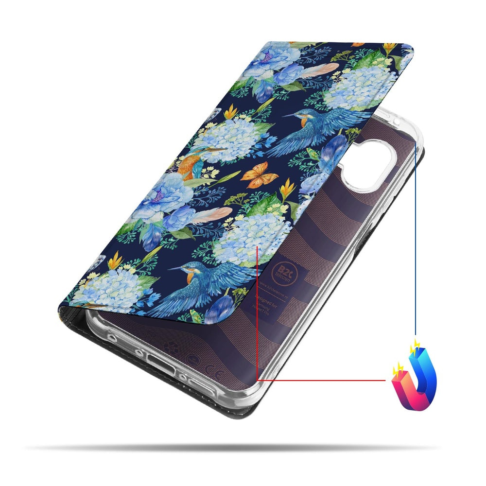 Flip Style Cover Samsung Galaxy Xcover 7 Pro IJsvogel hoesje bloemenprint aanzicht