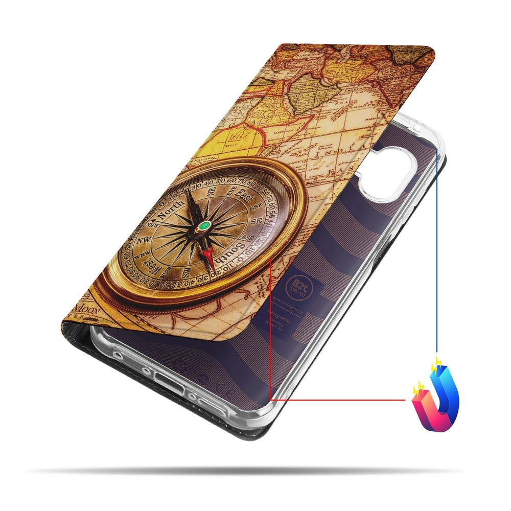Wallet Case Samsung Galaxy Xcover 7 Pro Kompas design met kompas en wereldkaart aanzicht