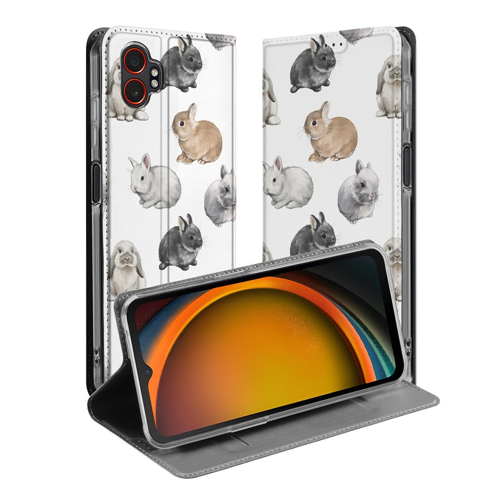 Bookcase Samsung Galaxy Xcover 7 Pro Konijntjes hoesje met konijntjes design voorkant zijaanzicht