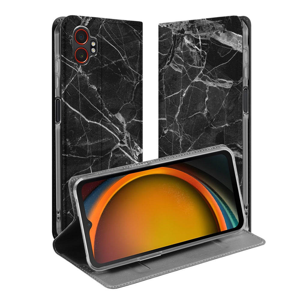 Telefoonhoesje Samsung Galaxy Xcover 7 Pro Wallet Case Marmer Zwart opengeslagen zwart marmer design