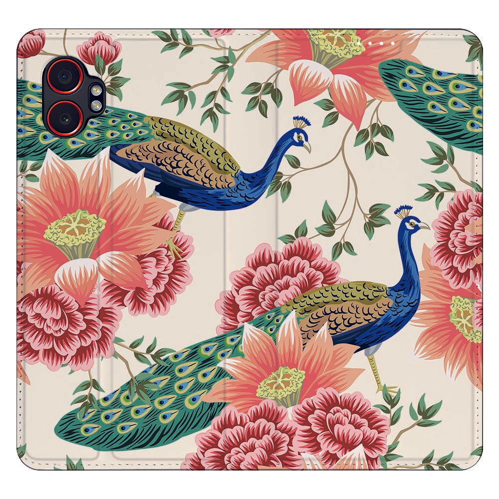 Bookcase Samsung Galaxy Xcover 7 Pro Pink Peacock design pauwen bloemen voorkant