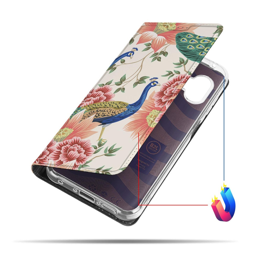 Bookcase Samsung Galaxy Xcover 7 Pro Pink Peacock boekcase pauwenveren design aanzicht