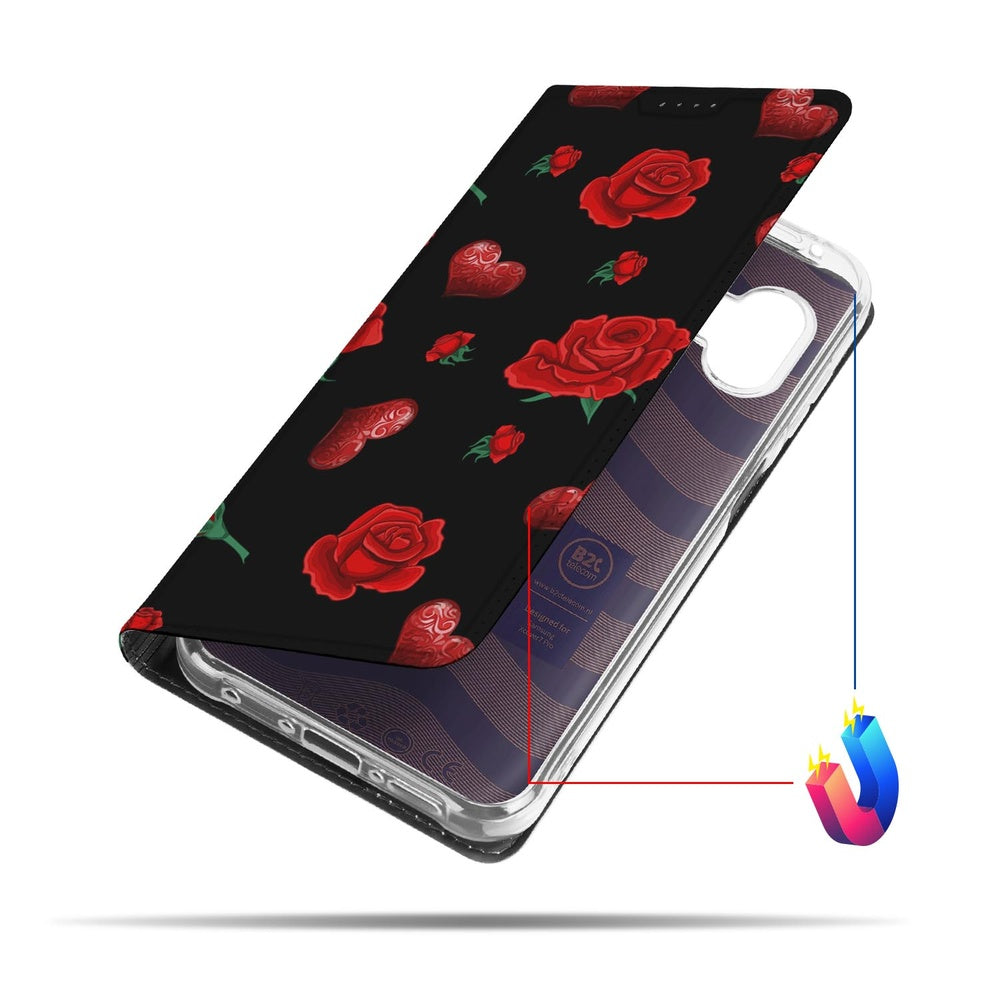 Book Cover Samsung Galaxy Xcover 7 Pro Valentine zwart met rozen hartjes design aanzicht