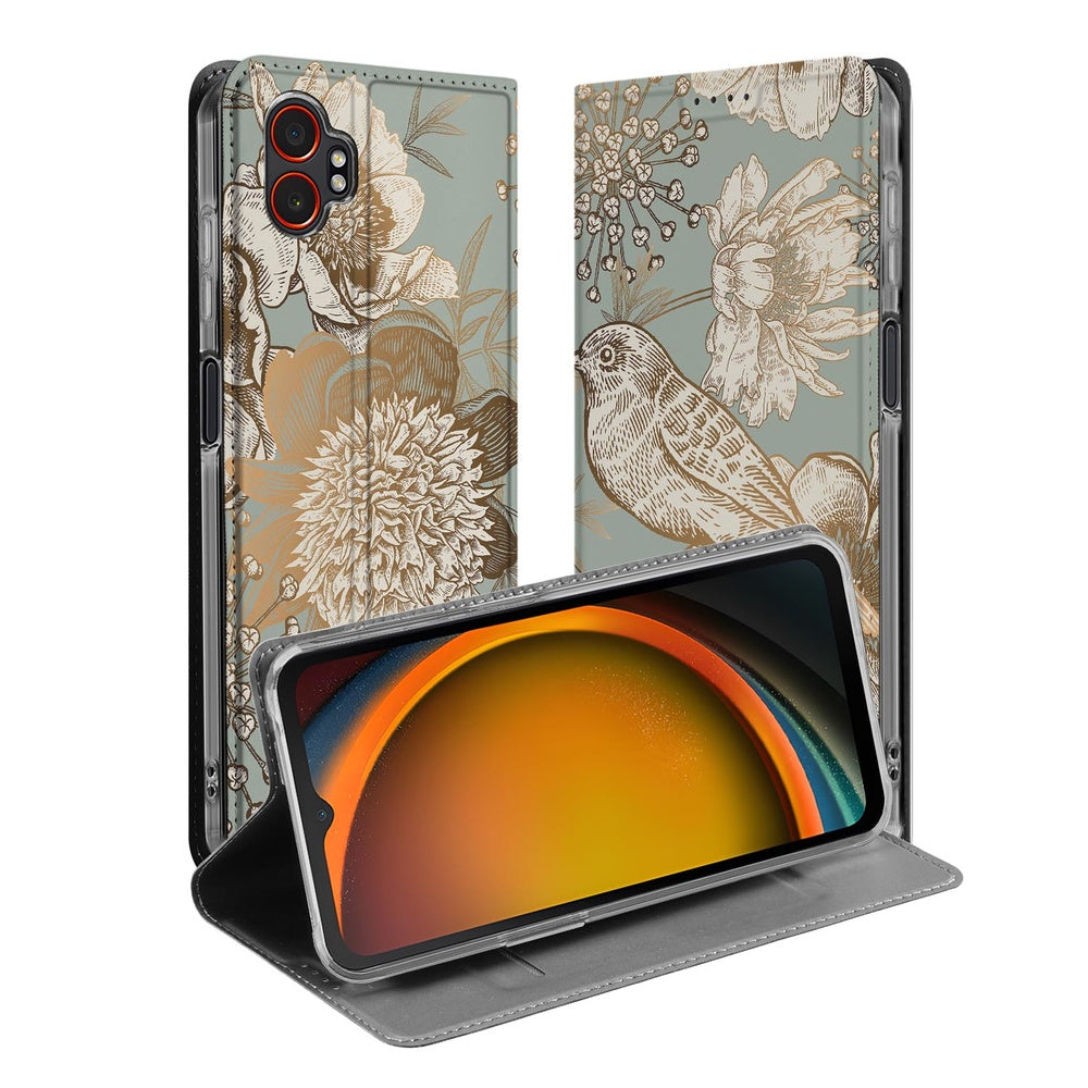 Samsung Galaxy Xcover 7 Pro Telefoonhoesje Vintage Bird Flowers voorkant achterkant design