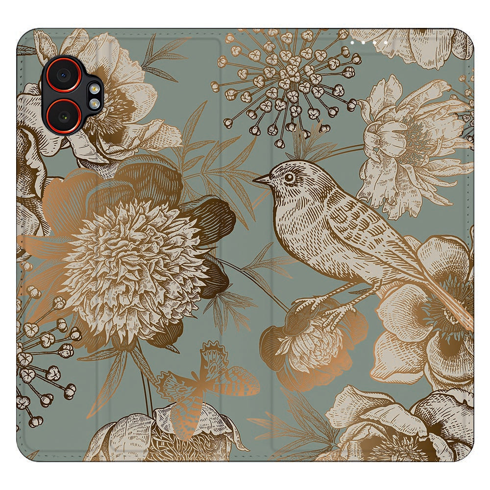 Samsung Galaxy Xcover 7 Pro Telefoonhoesje Vintage Bird Flowers design bloemen vogels aanzicht