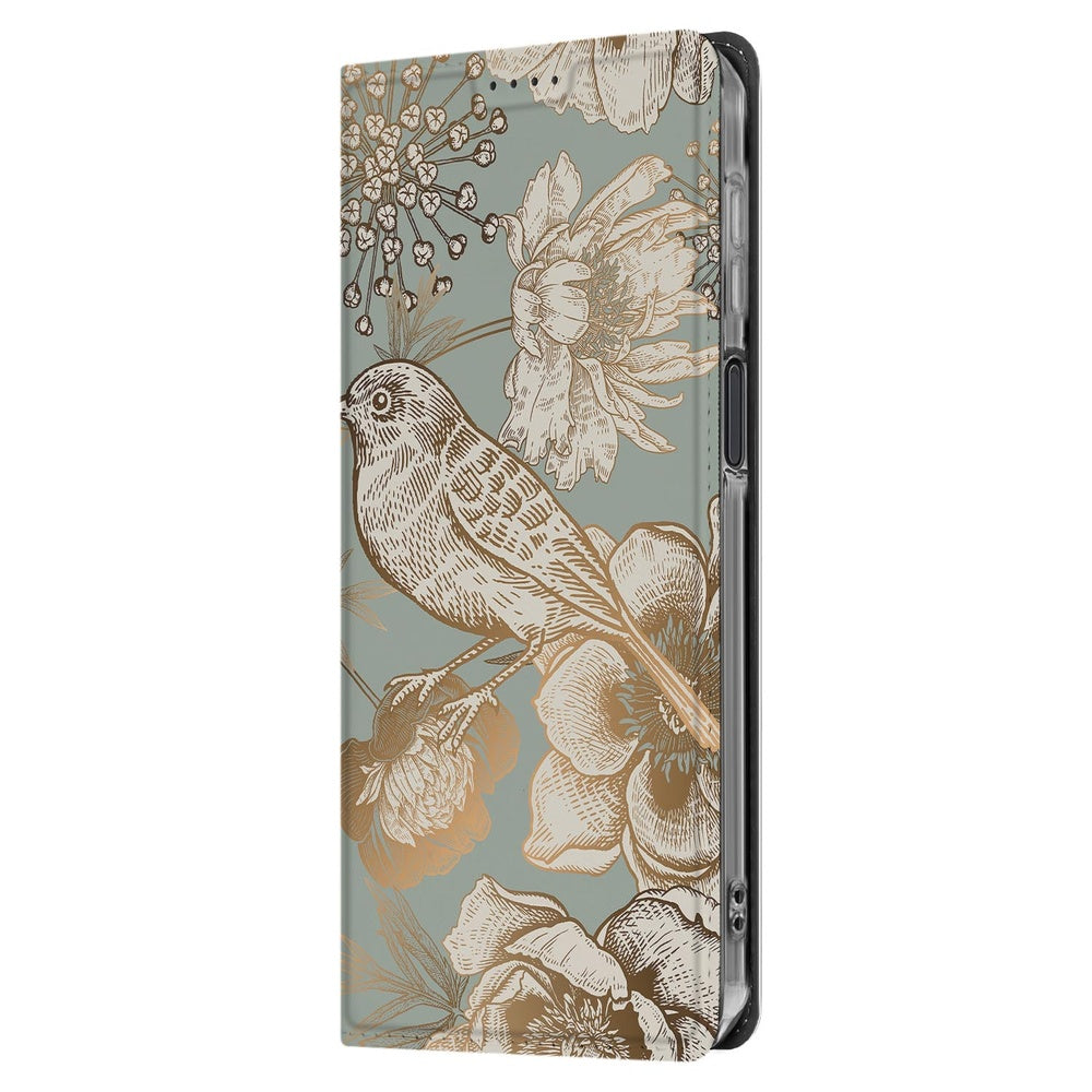 Samsung Galaxy Xcover 7 Pro Telefoonhoesje Vintage Bird Flowers zijaanzicht met bloemmotief en vogelontwerp