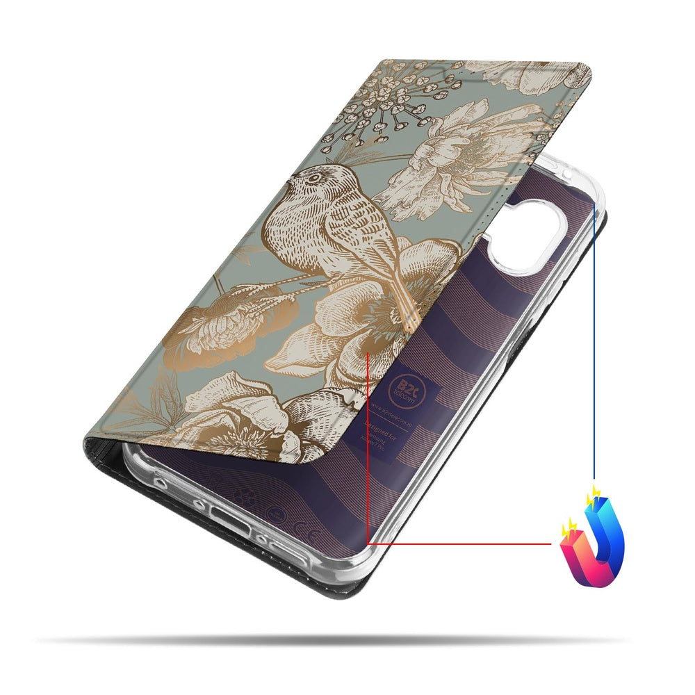Samsung Galaxy Xcover 7 Pro Telefoonhoesje Vintage Bird Flowers zijaanzicht met bloemen en vogels