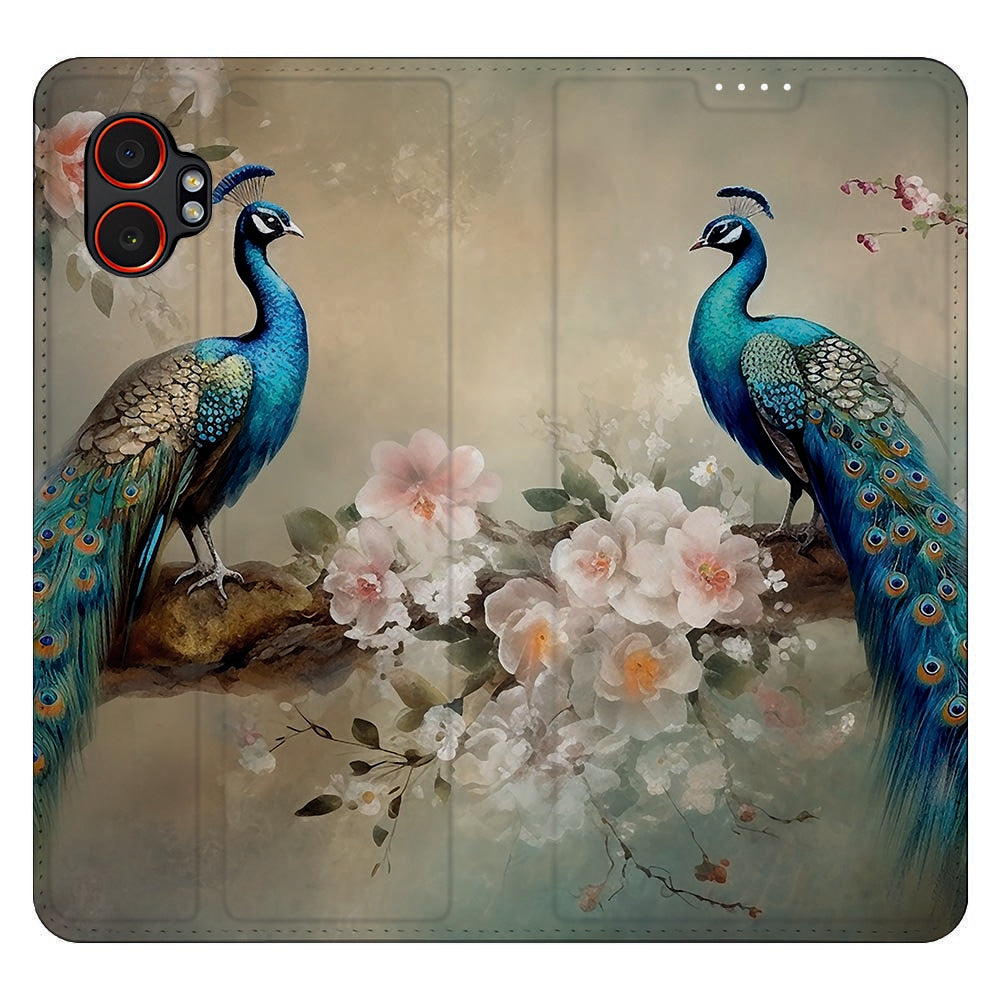 Samsung Galaxy Xcover 7 Pro Book Wallet Case Vintage Pauwen voorkant design pauwen bloemen