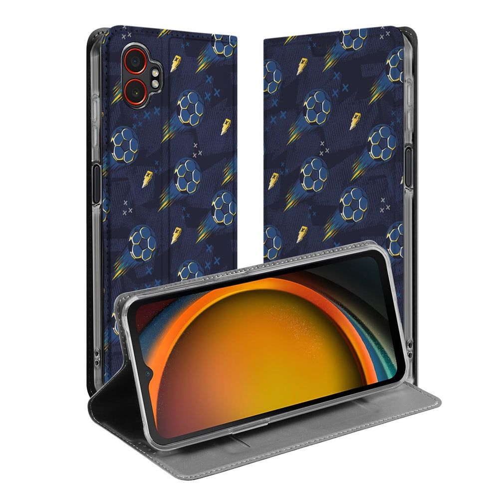 Samsung Galaxy Xcover 7 Pro Standcase Hoesje Voetbal donkerblauw kunstleer voetbaliconen aanzicht