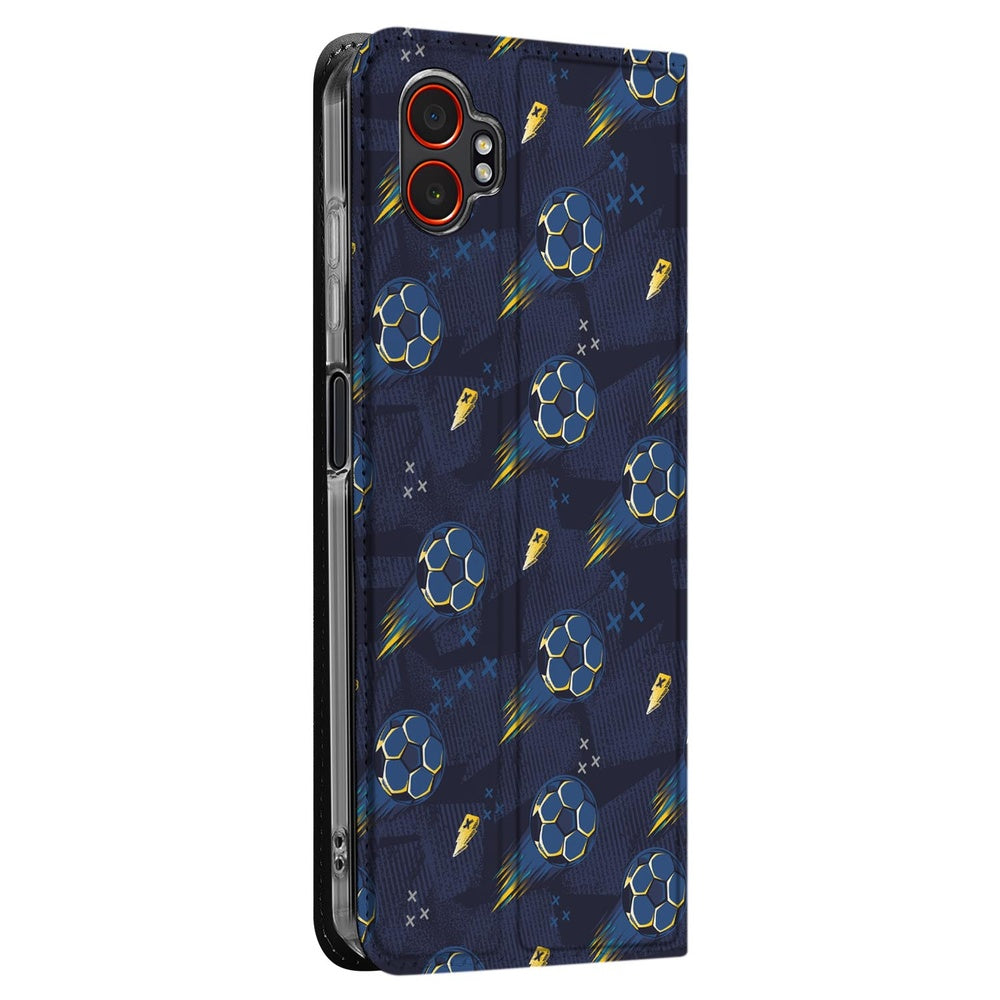 Samsung Galaxy Xcover 7 Pro Standcase Hoesje Voetbal donkerblauw design met voetbaliconen aanzicht