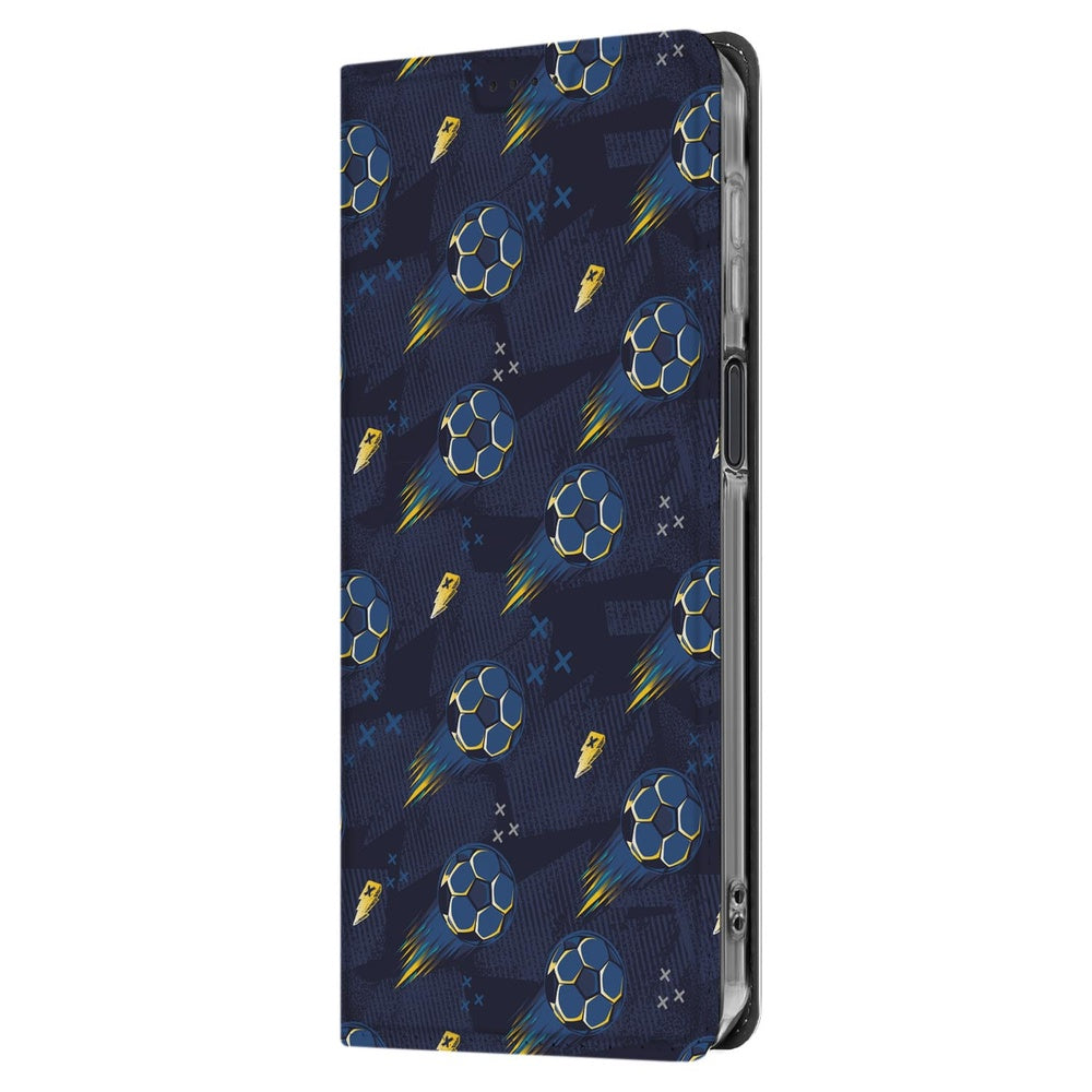 Samsung Galaxy Xcover 7 Pro Standcase Hoesje Voetbal donkerblauw design voetbalpatroon aanzicht