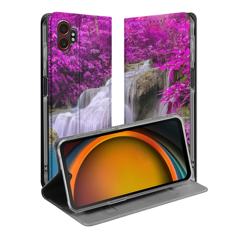 Samsung Galaxy Xcover 7 Pro Telefoonhoesje met magneet Waterval paars rugged book case voorkant achterkant