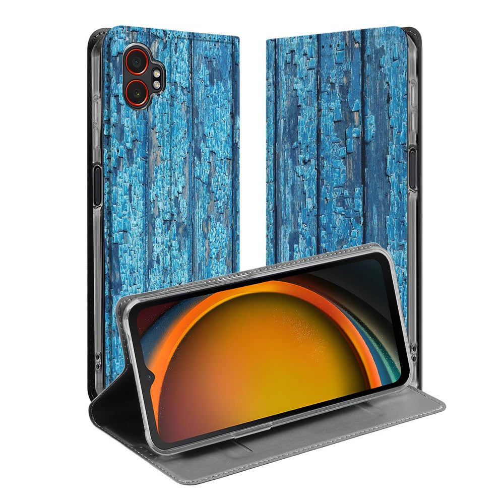 Samsung Galaxy Xcover 7 Pro Book Case Wood Blue stand case blauw hout design front view