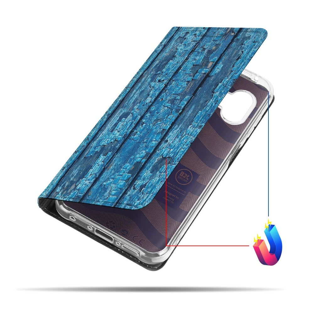 Samsung Galaxy Xcover 7 Pro Book Case Wood Blue stand case blauwe hout textuur aanzicht