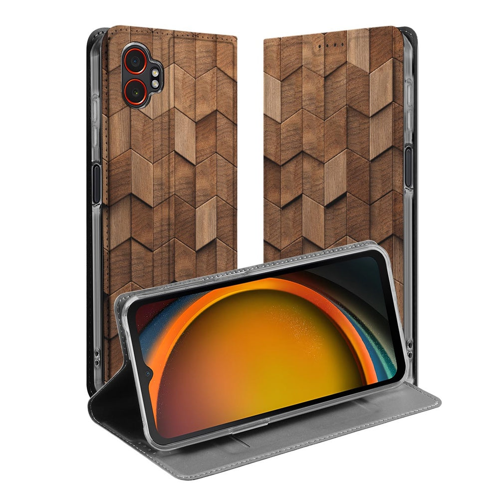 Samsung Galaxy Xcover7 Pro Bookcase Wooden Cubes hoes houten kubussen vooraanzicht