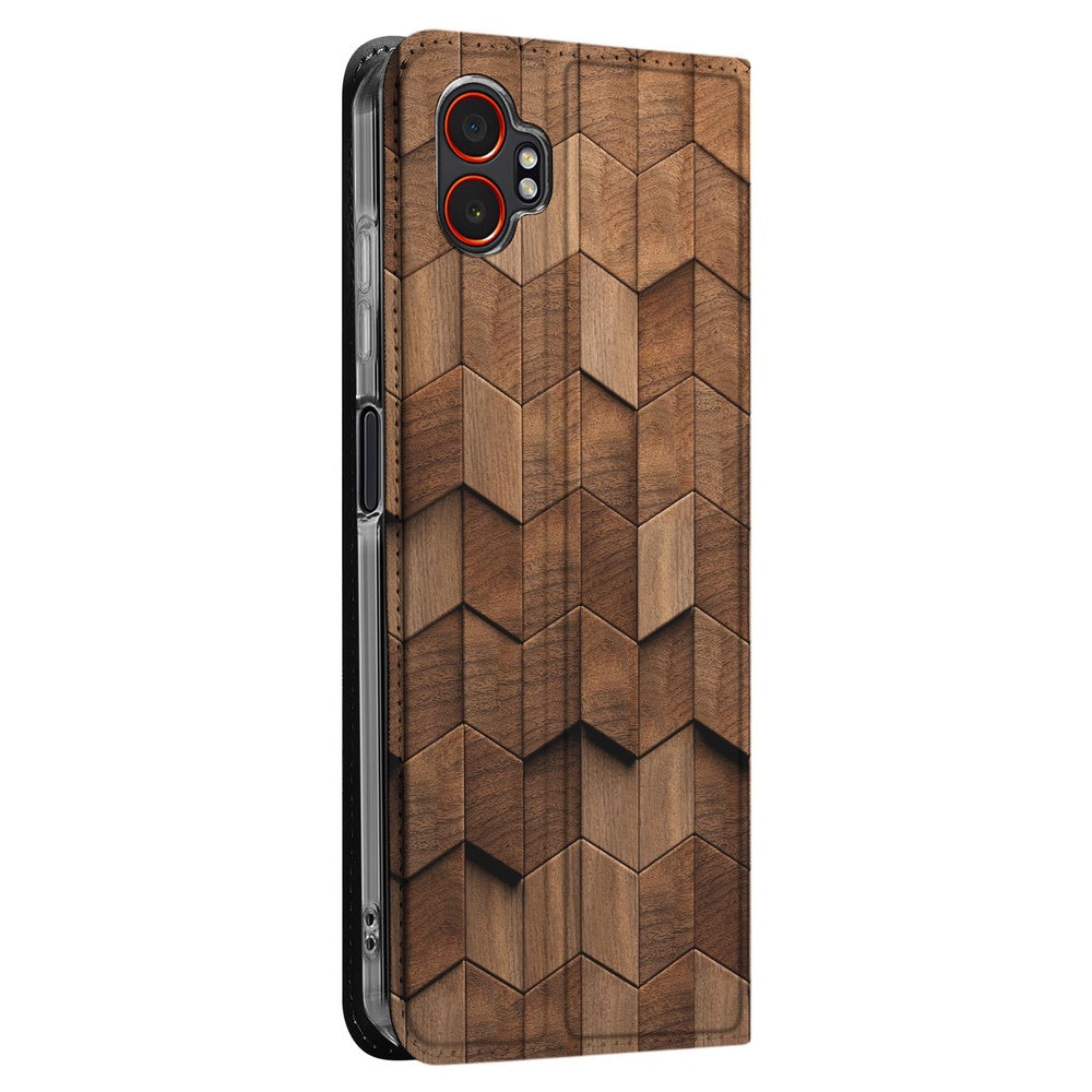 Samsung Galaxy Xcover7 Pro Bookcase Wooden Cubes hoes houten kubussen zijaanzicht